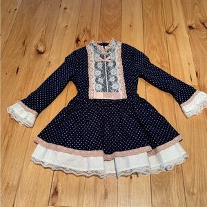 Navy Polka Dot Dress with Lace Trim